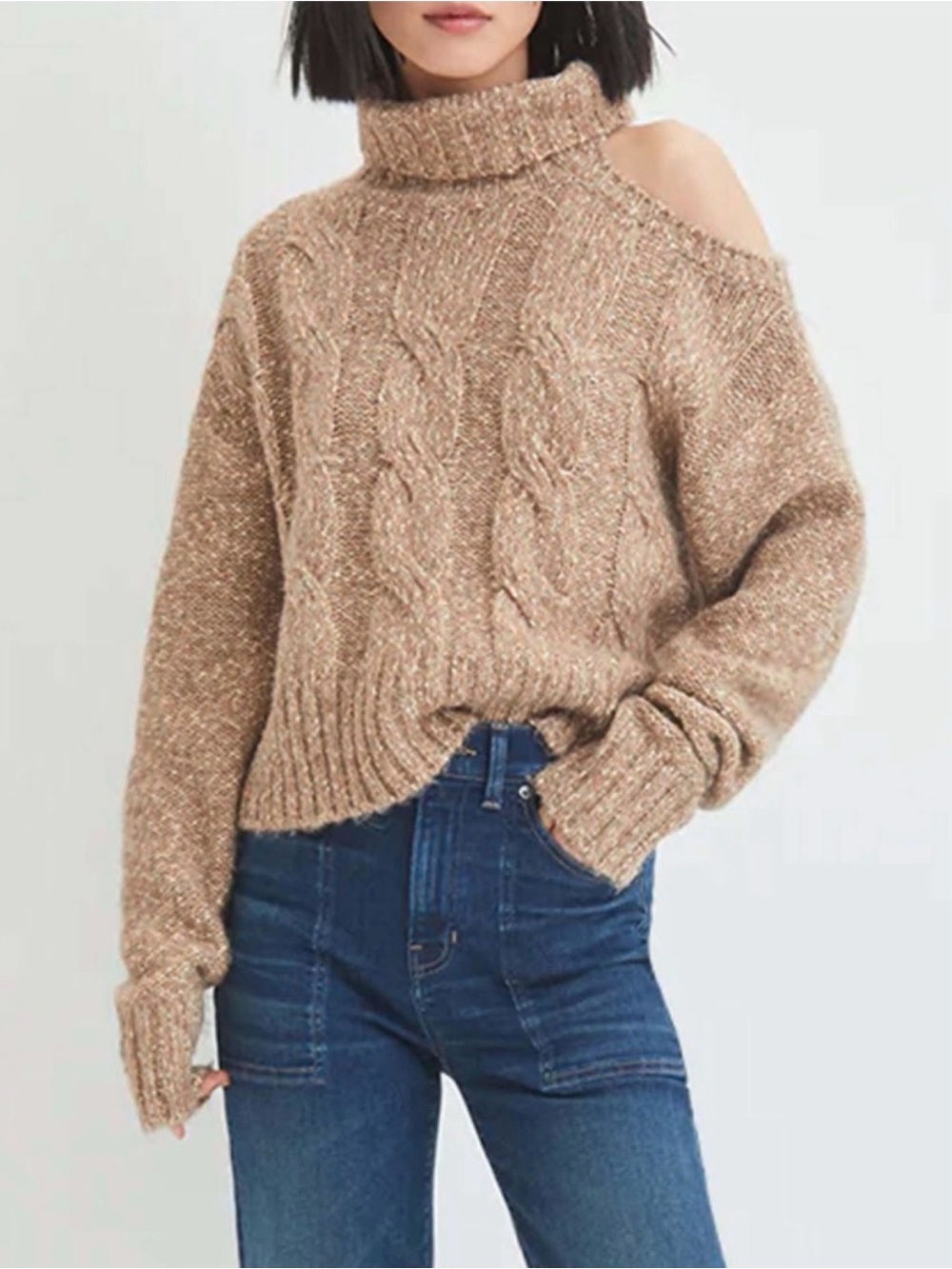 Veronica Beard Selleck Sweater Gold Size M Cable Knit Wool Cut Out Turtleneck